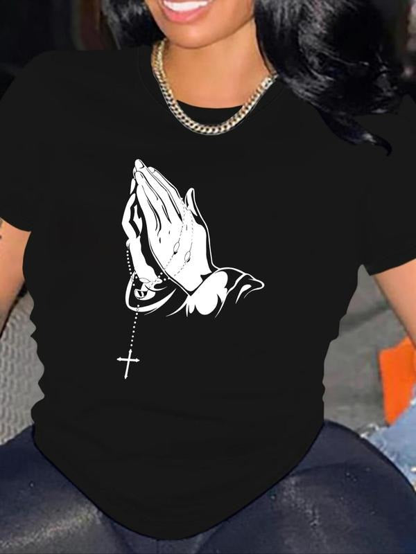 Women's Cross & Hand Print Round Neck Tee, Casual Short Sleeve Crew Neck T-shirt for Summer, Fashion Women's Top for...