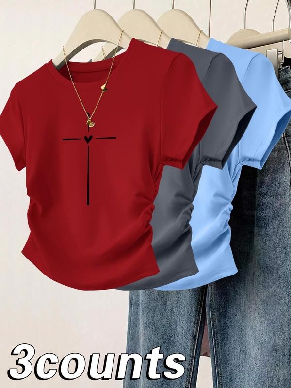 Cross & Heart Print Round Neck Casual Short Sleeve Daily Clothes All Seasons Top T-Shirts, Hoodie, Sweatshirt