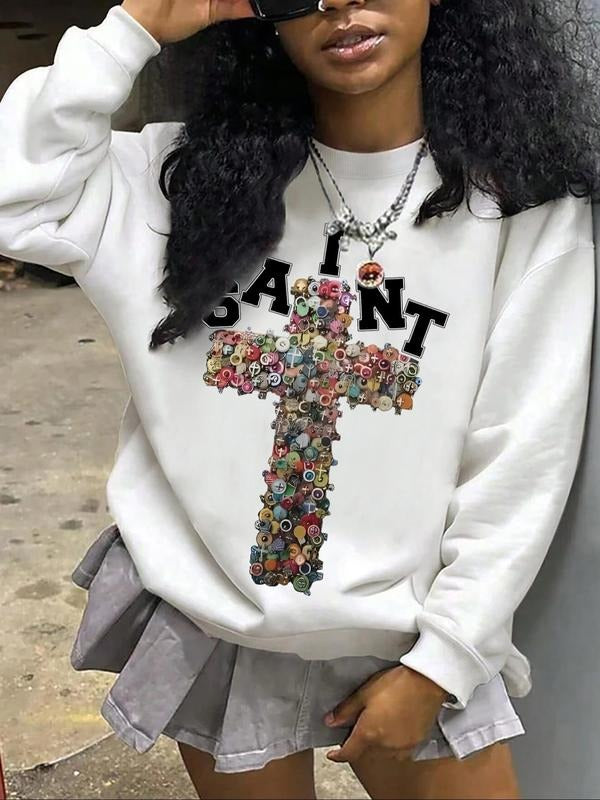 Women's Cross & Letter Print Drop Shoulder Sweatshirt, Casual Long Sleeve Round Neck Pullover for Daily Wear, Ladies...