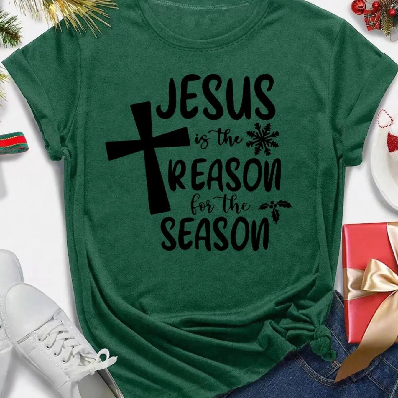 Women's Cross & Letter Print Round Neck Tee, Casual Short Sleeve Crew Neck T-shirt for All Seasons, Fashion Women's Top...
