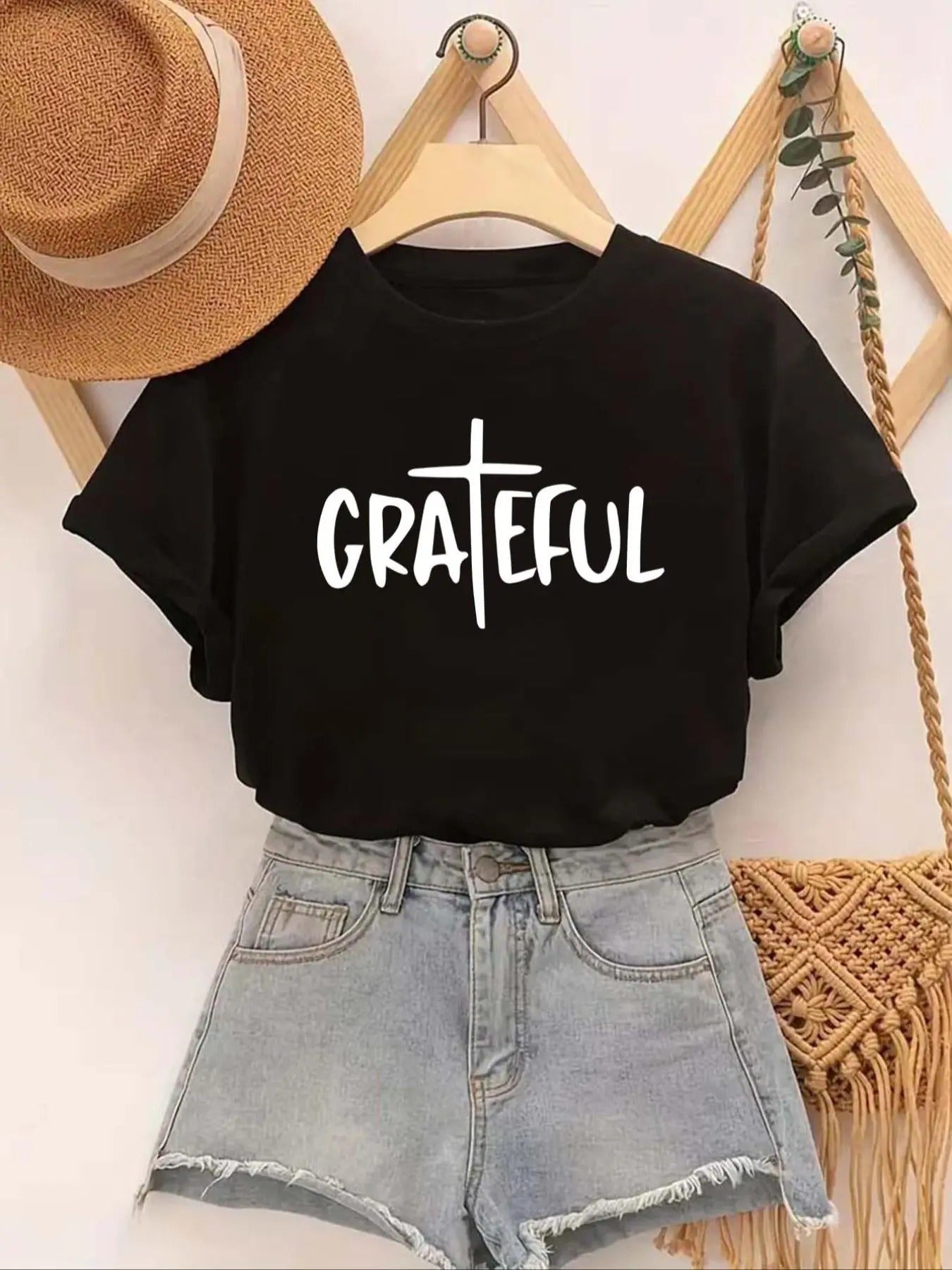 Women's Cross & Letter Print Round Neck Tee, Casual Short Sleeve Graphic T-shirt, Ladies Summer Clothes for Daily Wear...