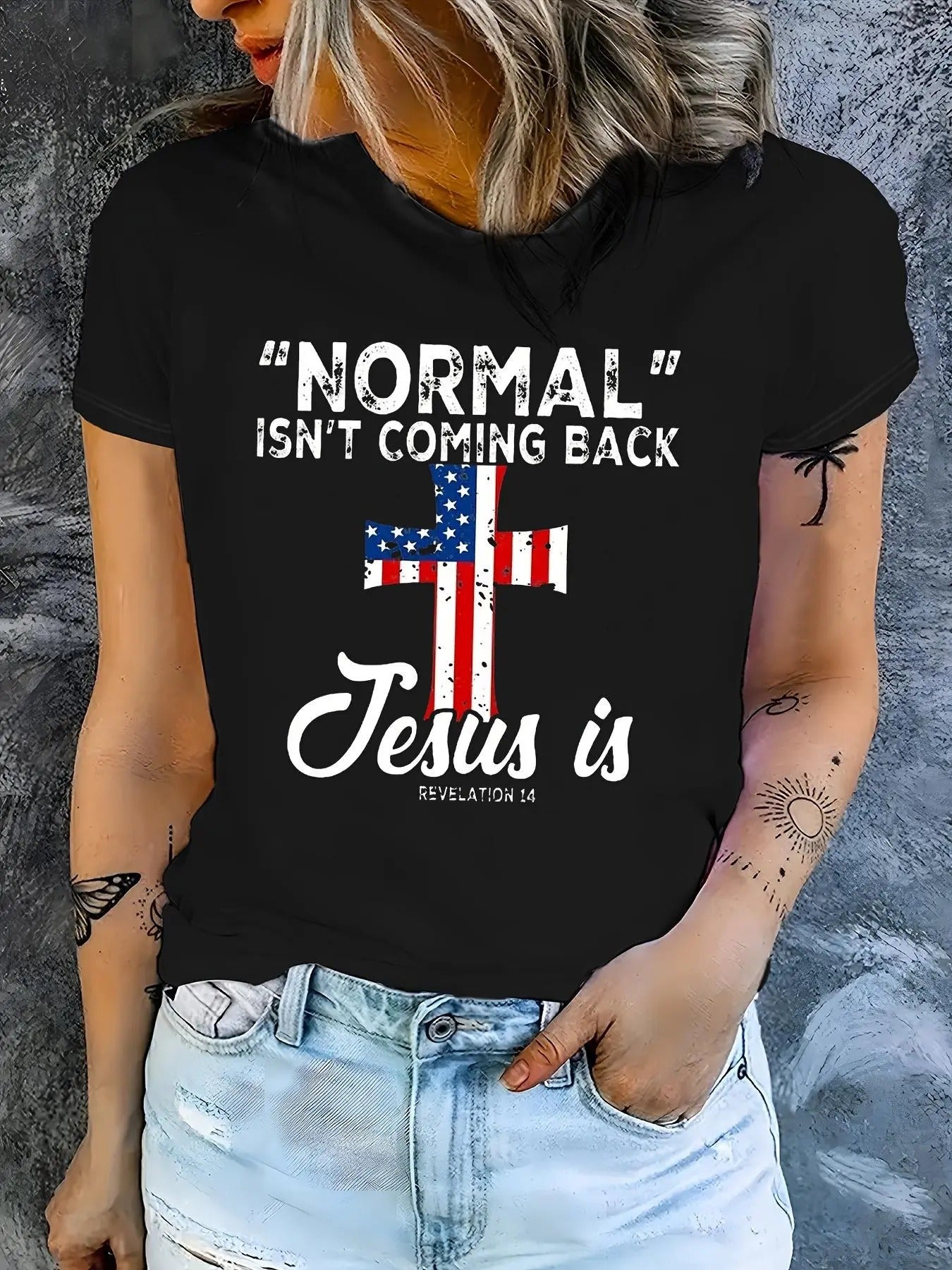 Women's Cross & Letter Print Round Neck Tee, Fashion Casual Short Sleeve T-shirt, Ladies Summer Clothes Hoodie, Sweatshirt