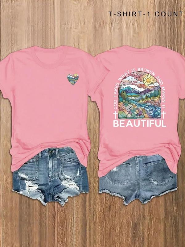 Women's Cross & Letter Print Round Neck Tee, Trendy Casual Short Sleeve T-shirt for Daily Wear, Ladies All Seasons Top...