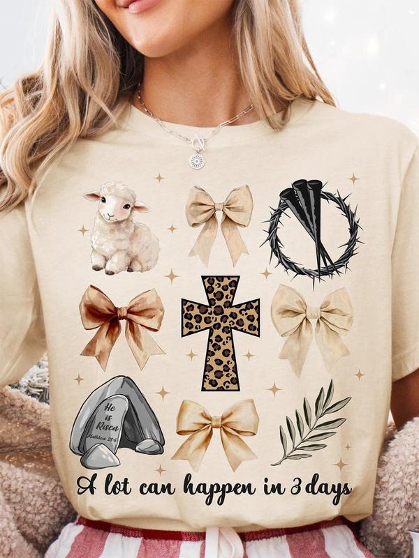 Women's Cross & Sheep & Leopard Print Round Neck Tee, Casual Letter Graphic Short Sleeve T-shirt for Summer, Ladies...