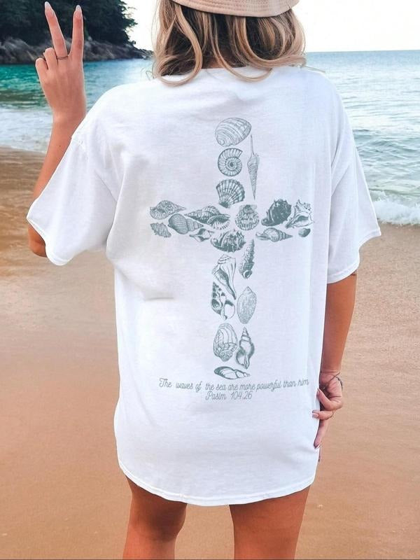 Women's Cross & Starfish Print Curved Hem Tee, Casual Loose Short Sleeve T-shirt for Beach Vacation, Ladies Summer...