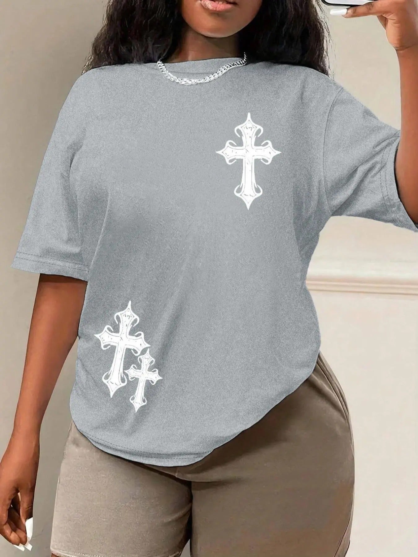 Women's Cross Print Drop Shoulder Tee, Casual Half Sleeve Round Neck T-Shirt for Daily Wear, Ladies Clothes for All...