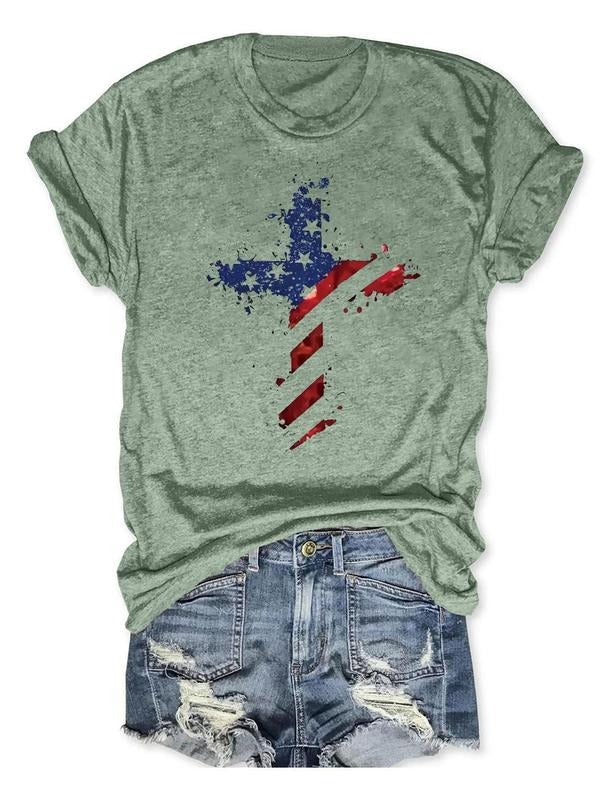 Women's Cross Print Round Neck Tee, Casual Short Sleeve Crew Neck T-shirt, Ladies All Seasons Outfit for Daily Wear...