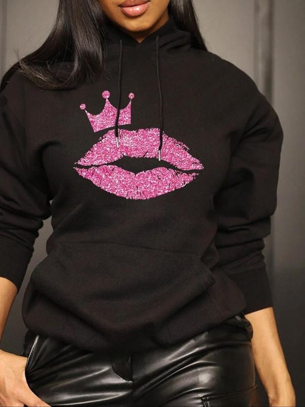 Women's Crown & Lip Print Drop Shoulder Hoodie, Fashion Casual Drawstring Pocket Hooded Sweatshirt for Daily Holiday...
