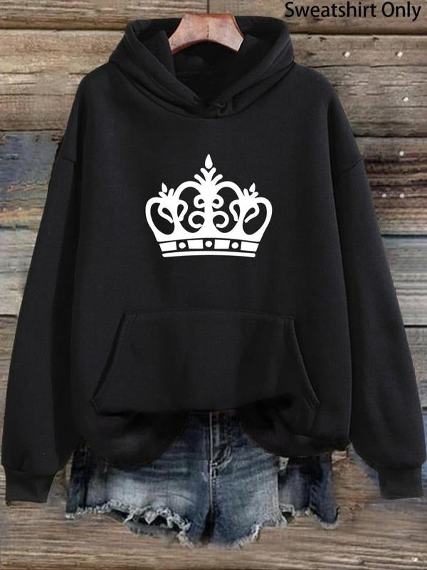 Women's Crown Print Drop Shoulder Drawstring Hoodie, Fashion Casual Pocket Hooded Sweatshirt for Daily Holiday Outdoor...