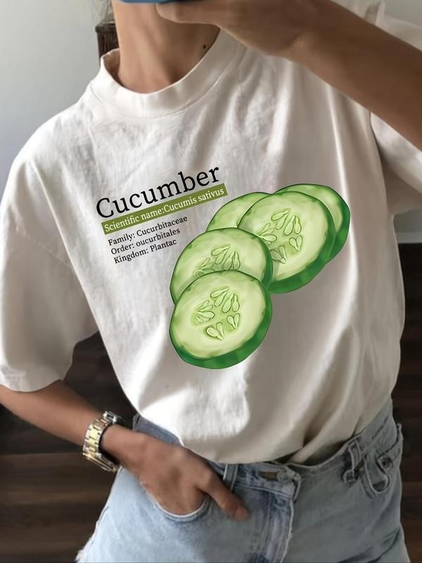 Women's Cucumber & Letter Print Round Neck Tee, Casual Short Sleeve Crew Neck T-Shirt for Summer, Fashion Women's Top for...