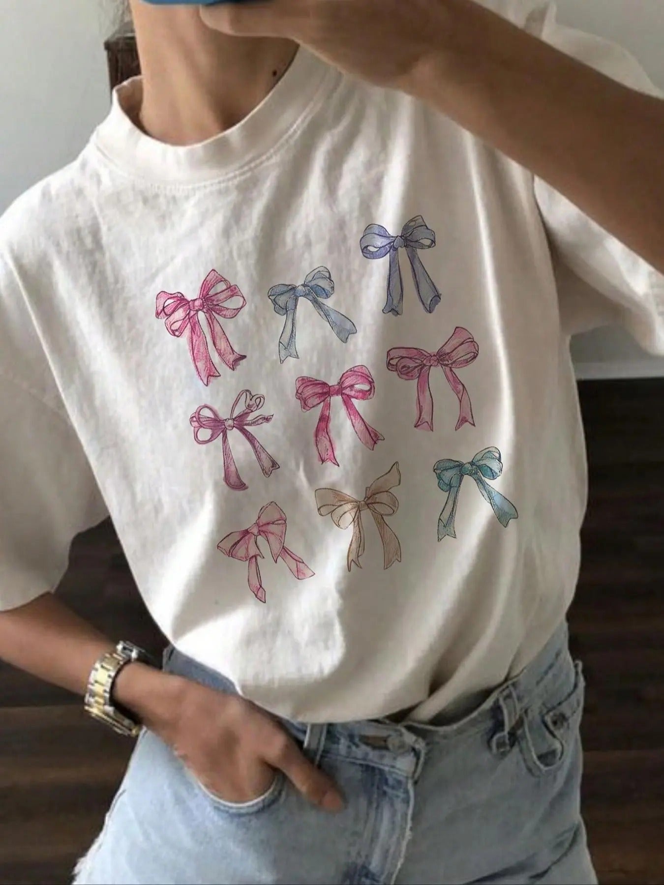 Cute Bow Print Drop Shoulder Casual Half Sleeve Summer Top Daily T-Shirts, Hoodie, Sweatshirt