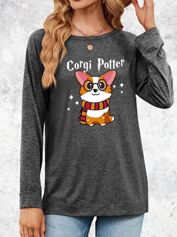 Women's Cute Cartoon Dog & Letter Print Round Neck Tee Without Necklace, Fashion Casual Crew Neck T-Shirt for Daily...