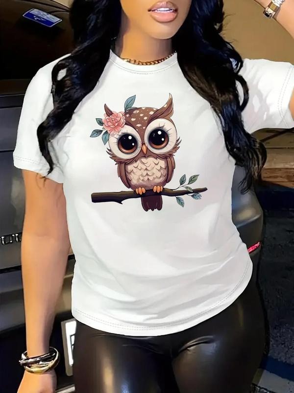 Cute Cartoon Owl Print Round Neck Casual Crew Neck Short Sleeve Daily Vacation Outdoor Clothes All Seasons T-Shirts, Hoodie, Sweatshirt