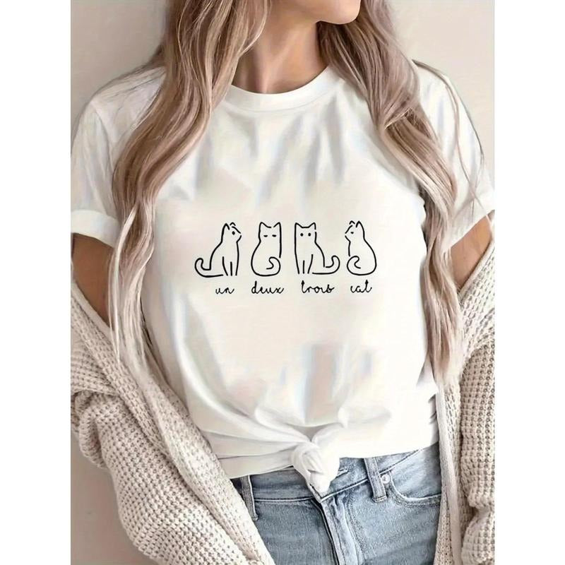 Women's Cute Cat & "Un Deux Trois Cat" Graphic Cotton T-Shirt