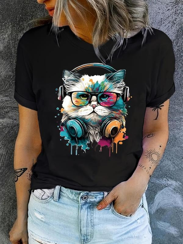 Women's Cute Cat Print Round Neck Tee, Fashion Casual Short Sleeve T-shirt for Daily Holiday Vacation Outdoor Wear,...