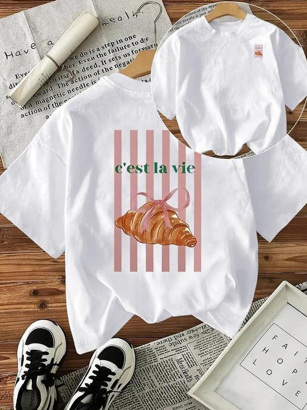 Women's Cute Croissant & Striped Print Round Neck Tee, Trendy Casual Short Sleeve T-shirt for Daily Wear, Ladies Summer,...