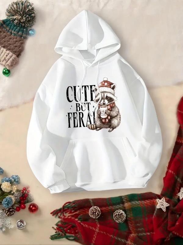 Women's Cute Raccoon & Letter Print Drawstring Hoodie, 1 Count Casual Long Sleeve Kangaroo Pocket Hooded Sweatshirt for...