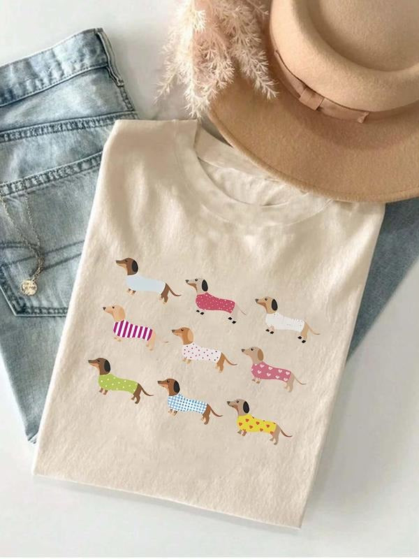 Women's Dachshund Dog Print Round Neck Tee, Fashion Casual Crew Neck T-shirt for Daily Holiday Vacation Outdoor Wear,...