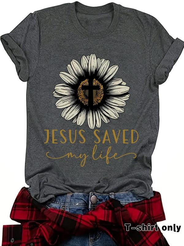 Women's Daisy & Cross Print Round Neck Tee, Casual Short Sleeve Crew Neck T-shirt for Summer, Fashion Women's Top for...