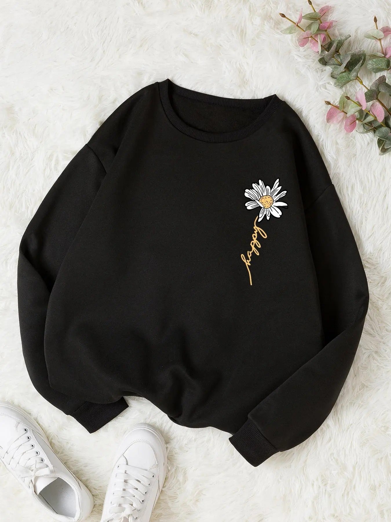 Women's Daisy & Letter Print Drop Shoulder Sweatshirt, Casual Long Sleeve Round Neck Pullover for Daily Wear, Ladies...