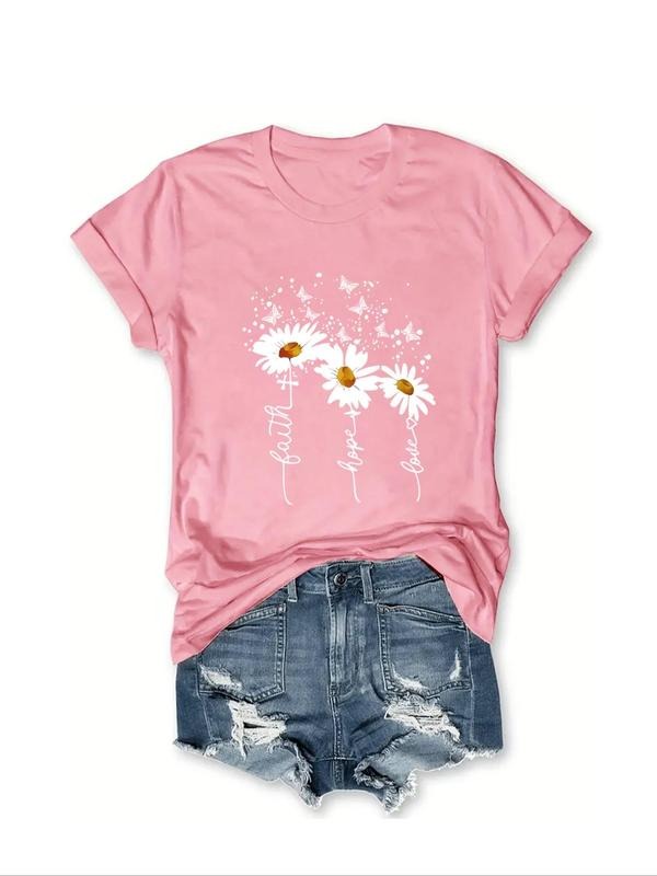 Women's Daisy Butterfly Letter Print Round Neck Tee, Casual Short Sleeve T-shirt for Summer, Ladies Clothes for Daily...