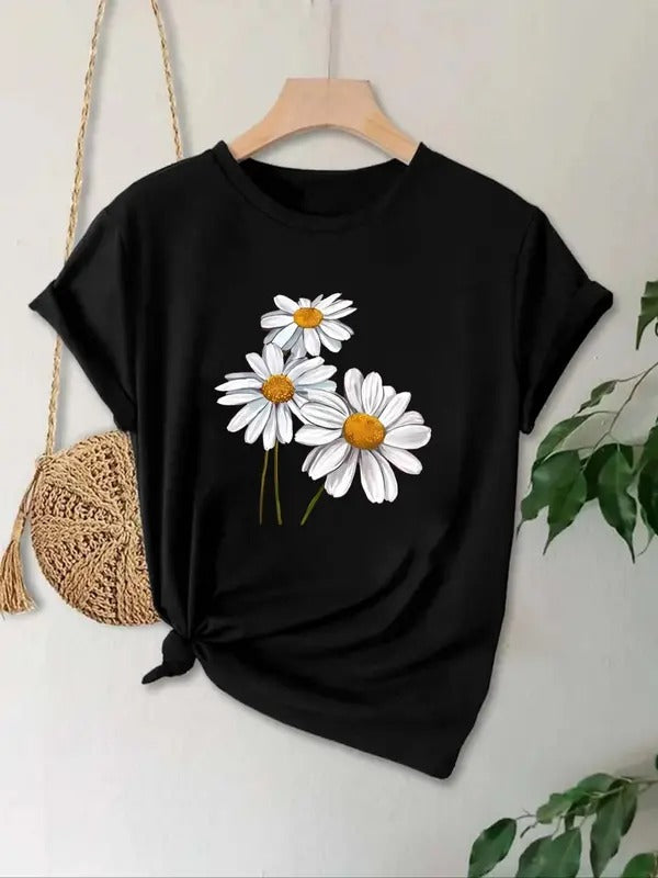 Women's Daisy Print Round Neck Tee, Casual Short Sleeve T-shirt for Daily Wear, Ladies All Seasons Outfit Hoodie, Sweatshirt