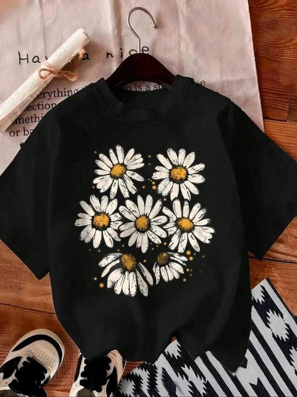Women's Daisy Print Round Neck Tee, Fashion Casual Crew Neck T-Shirt for Daily Holiday Vacation Outdoor Wear, Ladies...