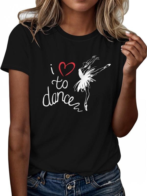 Women's Dancer & Heart Print Round Neck Tee, Casual Short Sleeve Letter Graphic T-shirt, Ladies All Seasons Outfit for...