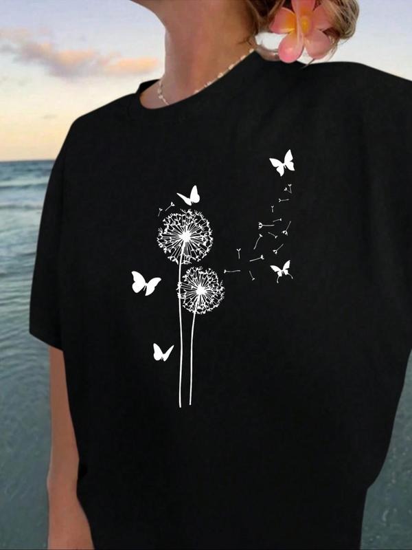 Women's Dandelion & Butterfly Print Round Neck Tee, Casual Short Sleeve Crew Neck T-shirt for Summer, Fashion Women's Top...