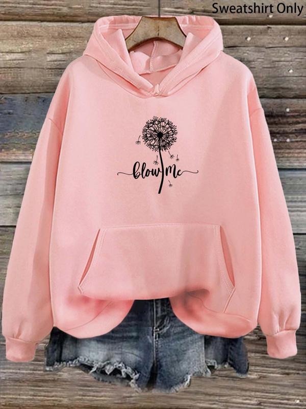 Women's Dandelion & Letter Print Drop Shoulder Hoodie, Fashion Casual Drawstring Pocket Hooded Sweatshirt for Daily...