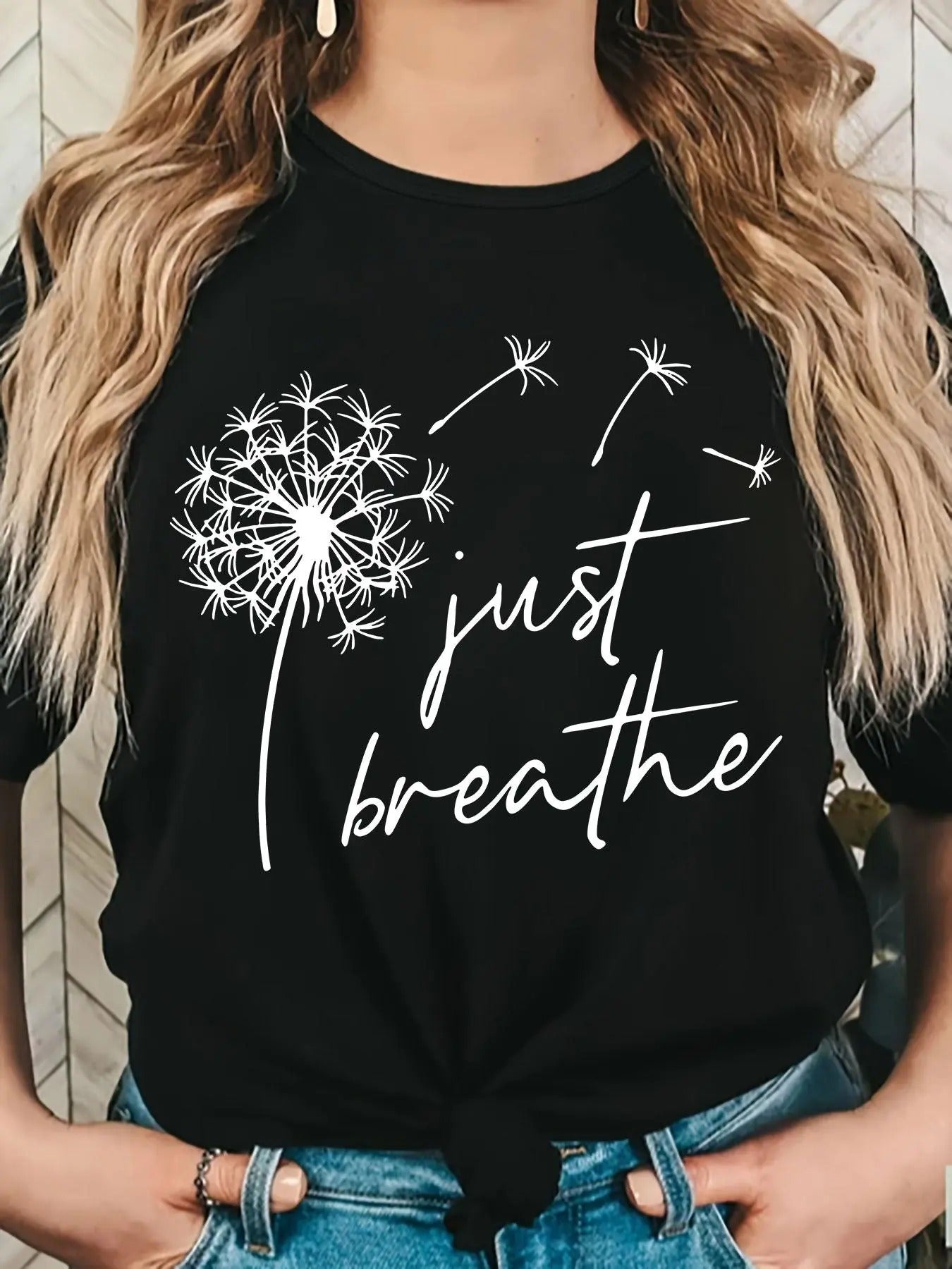 Women's Dandelion & Letter Print Round Neck Tee, Casual Short Sleeve Crew Neck T-Shirt for Summer, Fashion Women's Top...