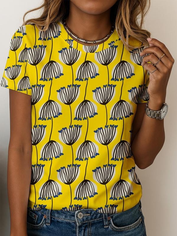 Women's Dandelion Print Round Neck Tee, Casual Short Sleeve Crew Neck T-shirt for Daily Wear, Ladies Clothes for All...
