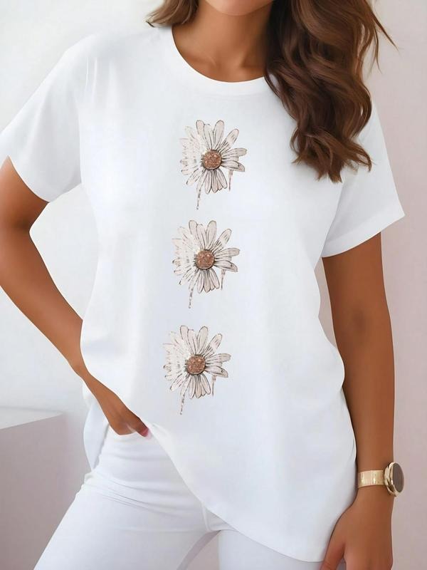Women's Dandelion Print Round Neck Tee, Casual Short Sleeve Crew Neck T-shirt for Summer, Fashion Women's Top for Daily...