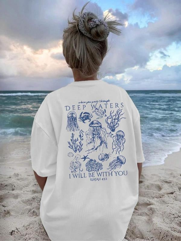 Women's Deep Sea Watercolor Round Neck Graphic Tee, Vintage Trendy Casual Short Sleeve T-shirt for Daily Wear, Ladies...