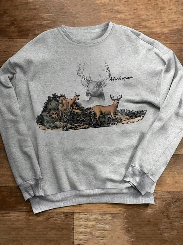 Women's Deer Print Crew Neck Pullover, Casual Long Sleeve Sweatshirt for Fall & Winter, Women's Clothes for Daily Wear...