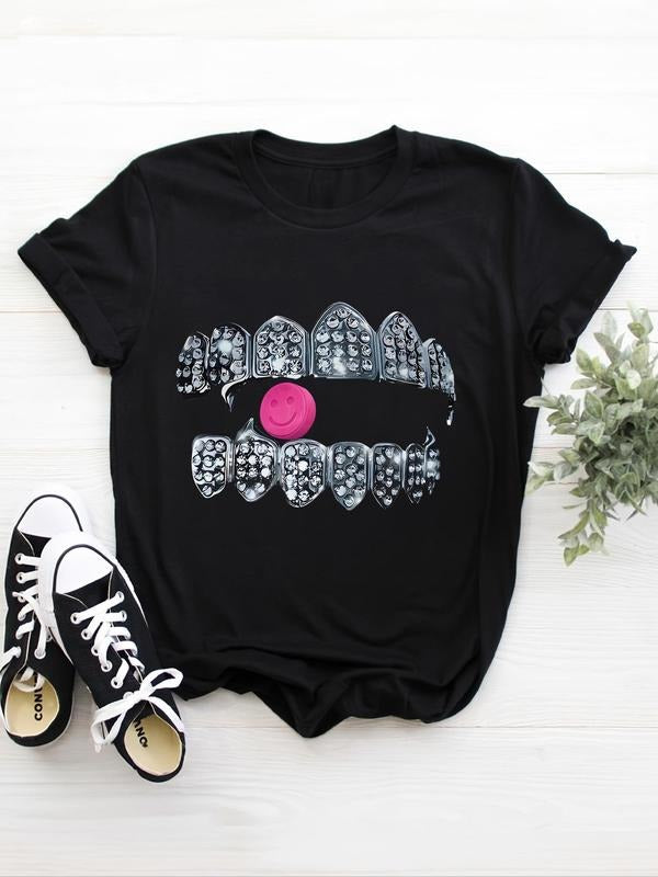Women's Dentist Themed Print Round Neck Tee, Casual Crew Neck Short Sleeve T-shirt for Summer, Women's Top for Daily Wear...