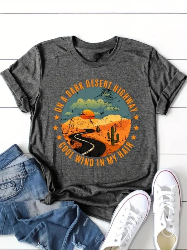 Women's Desert & Letter Print Round Neck Tee, Trendy Casual Short Sleeve T-Shirt for Daily Wear, Ladies Summer Outfit...