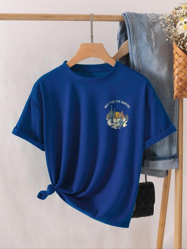 Women's Desert Landscape & Letter Print Round Neck Tee, Casual Short Sleeve Drop Shoulder Short Sleeve T-shirt for Daily...