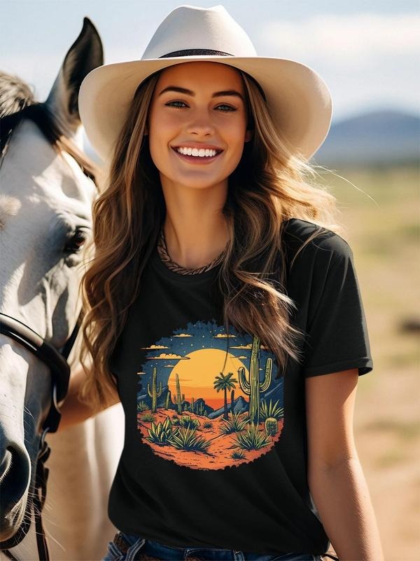 Women's Desert Landscape Print Round Neck  Tee, Vintage Trendy Casual Short Sleeve T-shirt for Daily Wear, Ladies All...