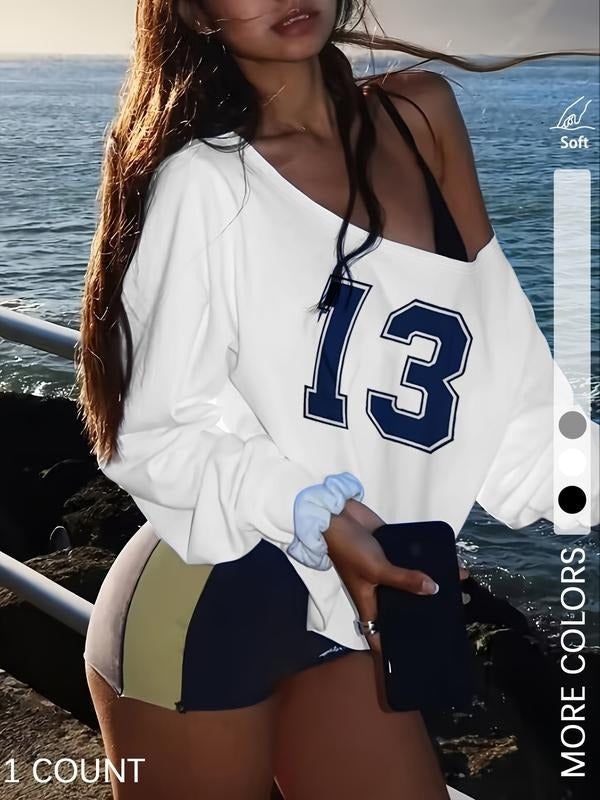 Women's Digital Printed Off-the-Shoulder Long-Sleeved Sweatshirt, a Basic Top Suitable for Autumn and Winter Casual Wear,...