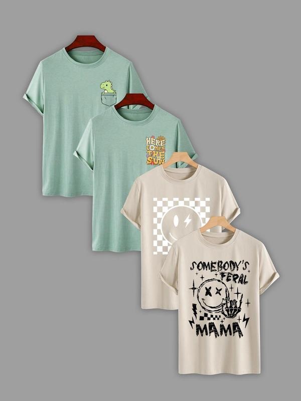 Women's Dinosaur & Letter & Smile Face Print  Round Neck Tee, Casual Short Sleeve T-shirt for Daily Wear, Ladies Clothes...