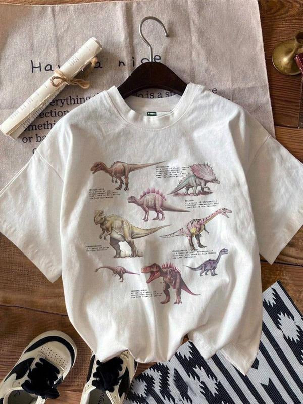 Women's Dinosaur & Letter Print Round Neck Tee, Casual Short Sleeve Crew Neck T-shirt for Summer, Fashion Women's Top for...