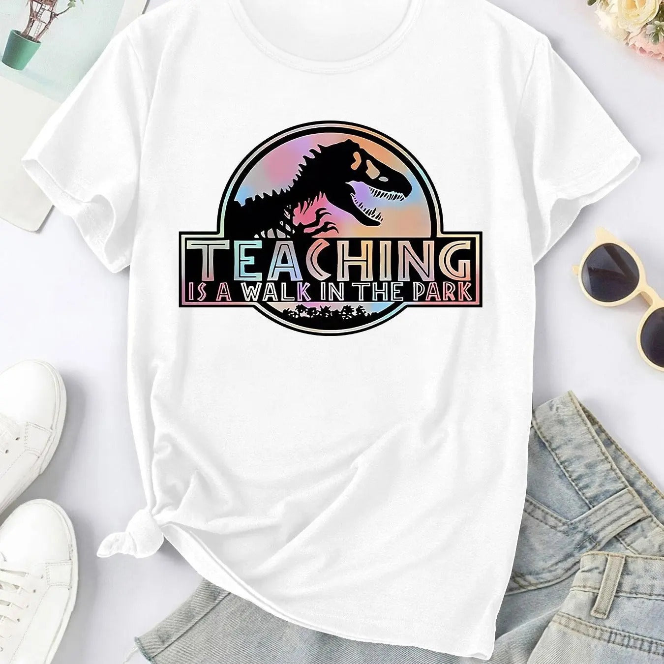 Women's Dinosaur & Letter Print Round Neck Tee, Fashion Casual Crew Neck T-Shirt for Daily Holiday Vacation Outdoor Wear,...