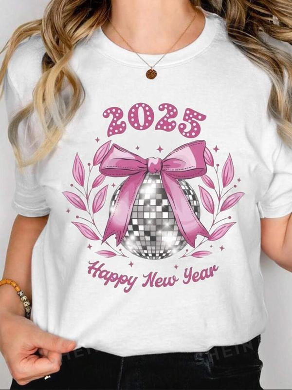 Women's Disco Ball & Bowknot Print Round Neck Graphic Tee, Vintage Trendy Casual Short Sleeve T-shirt for Daily Wear,...