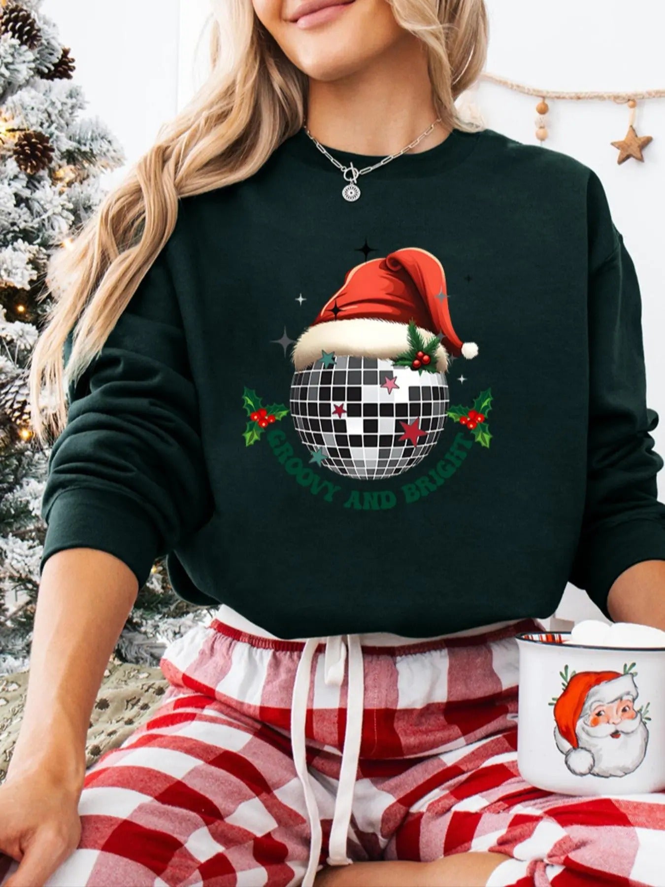 Women's Disco Ball & Letter Print Round Neck Sweatshirt, Casual Long Sleeve Crew Neck Pullover for Fall & Winter, Women's...