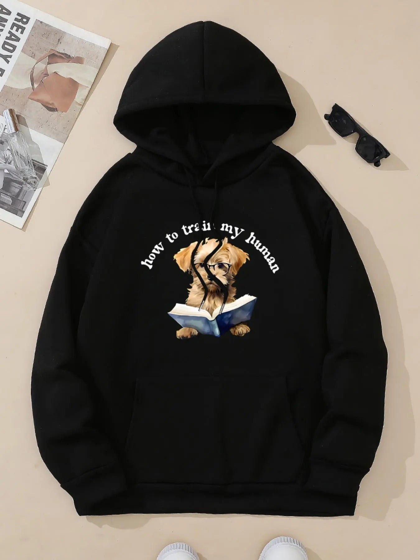 Women's Dog & Book Print Drop Shoulder Hoodie, Fashion Casual Drawstring Pocket Hooded Sweatshirt for Daily Holiday...