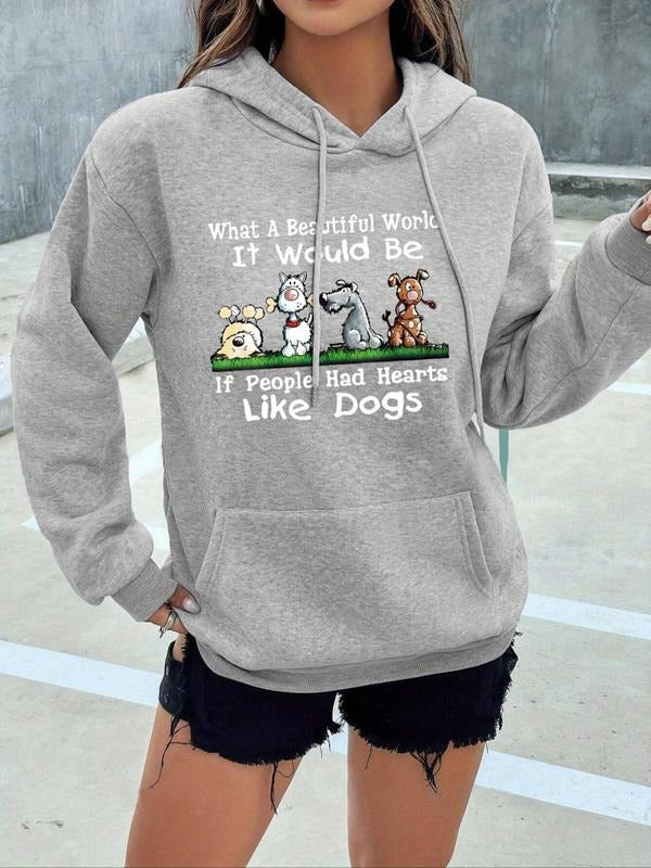 Women's Dog & Letter Print Drop Shoulder Hoodie, Fashion Casual Drawstring Pocket Hooded Sweatshirt for Daily Holiday...