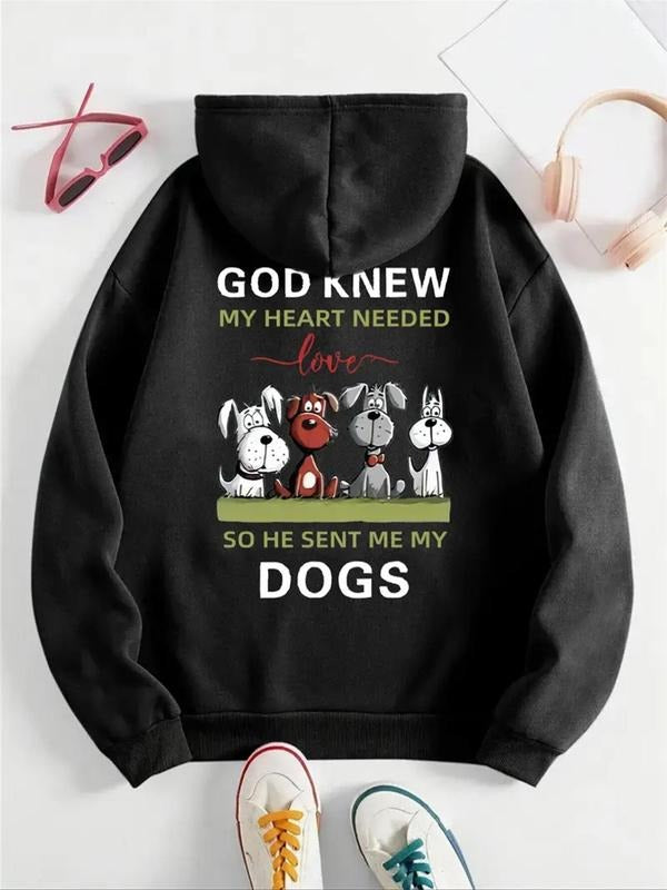 Women's Dog & Letter Print Drop Shoulder Hoodie, Fashion Casual Drawstring Pocket Hooded Sweatshirt for Daily Holiday...