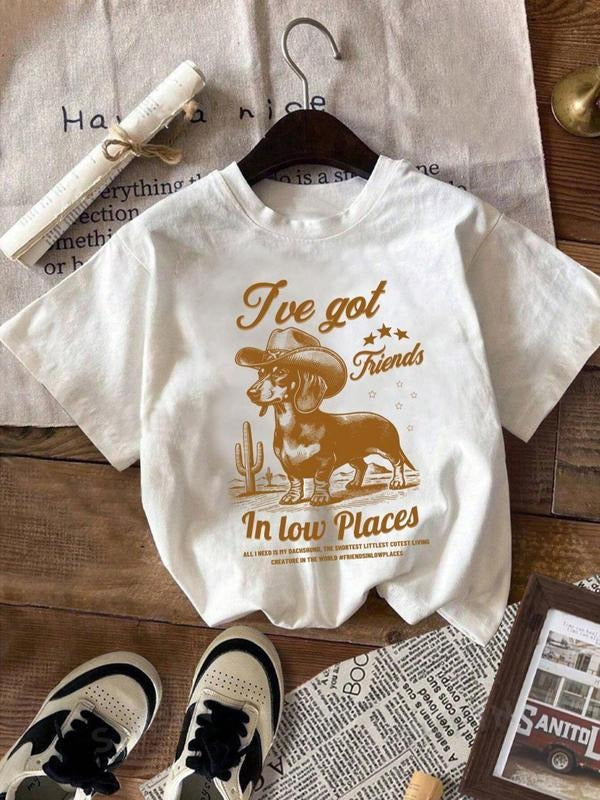 Women's Dog & Letter Print Round Neck Tee, Casual Short Sleeve Crew Neck T-shirt for Summer, Fashion Women's Top for...