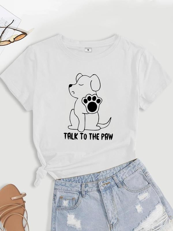 Women's Dog & Letter Print Round Neck Tee, Summer Clothes Women, Casual Short Sleeve Crew Neck T-Shirt for Summer,...